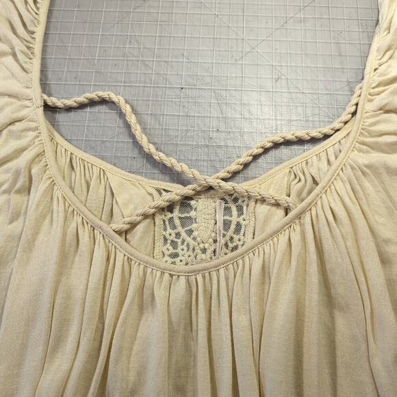Free People Ann's Ruched Short Sleeve Scoop Neck Flowy Cream Top, Size L - Picture 9 of 11